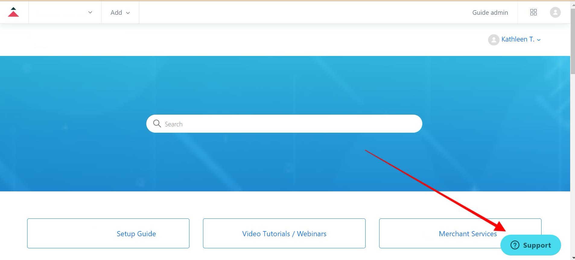 Screenshot of Studio Pro Help Center. Red arrow points to Support button in bottom right corner.