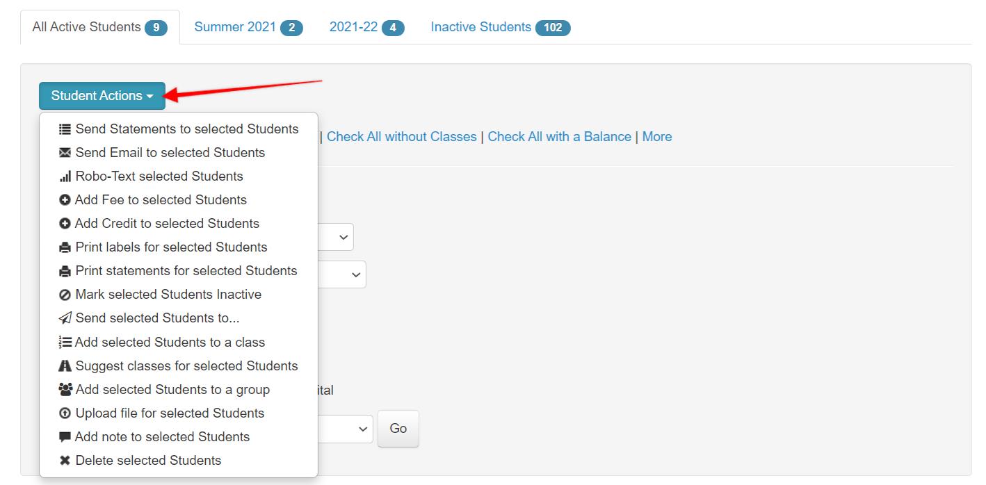 Student Actions Dropdown List.
