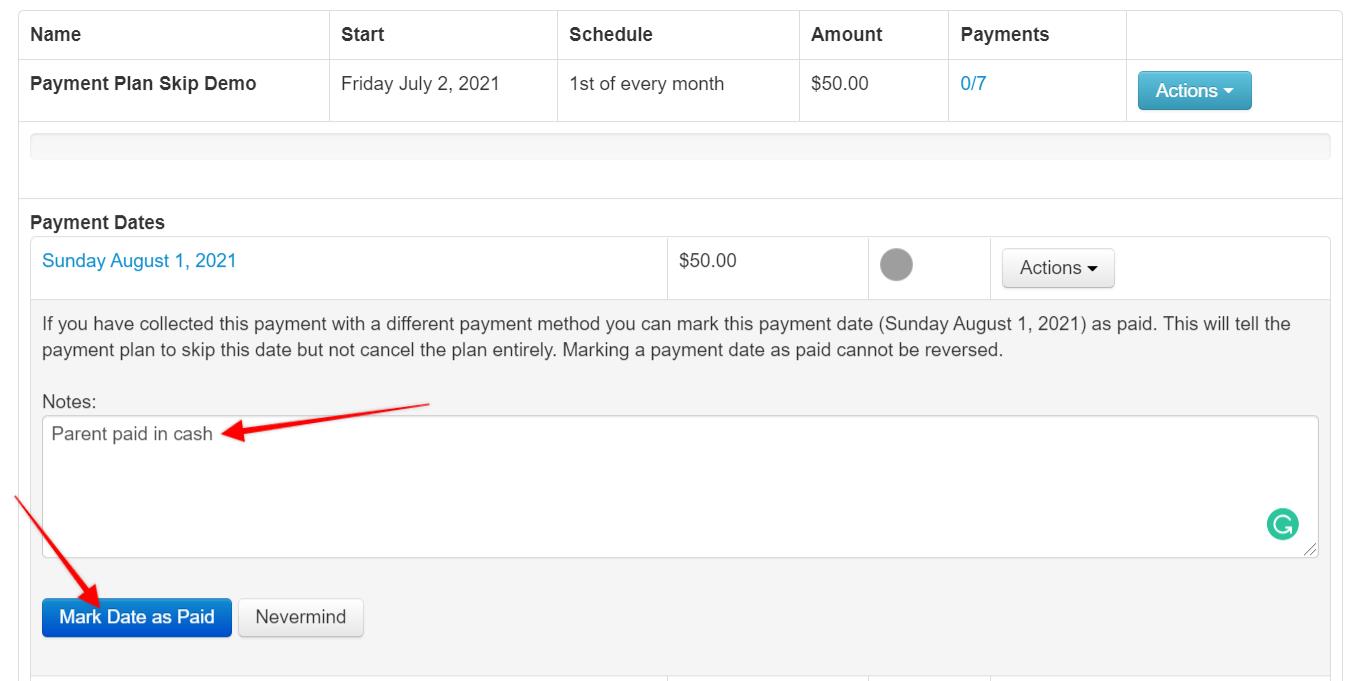 Payment plan interface with notes section.