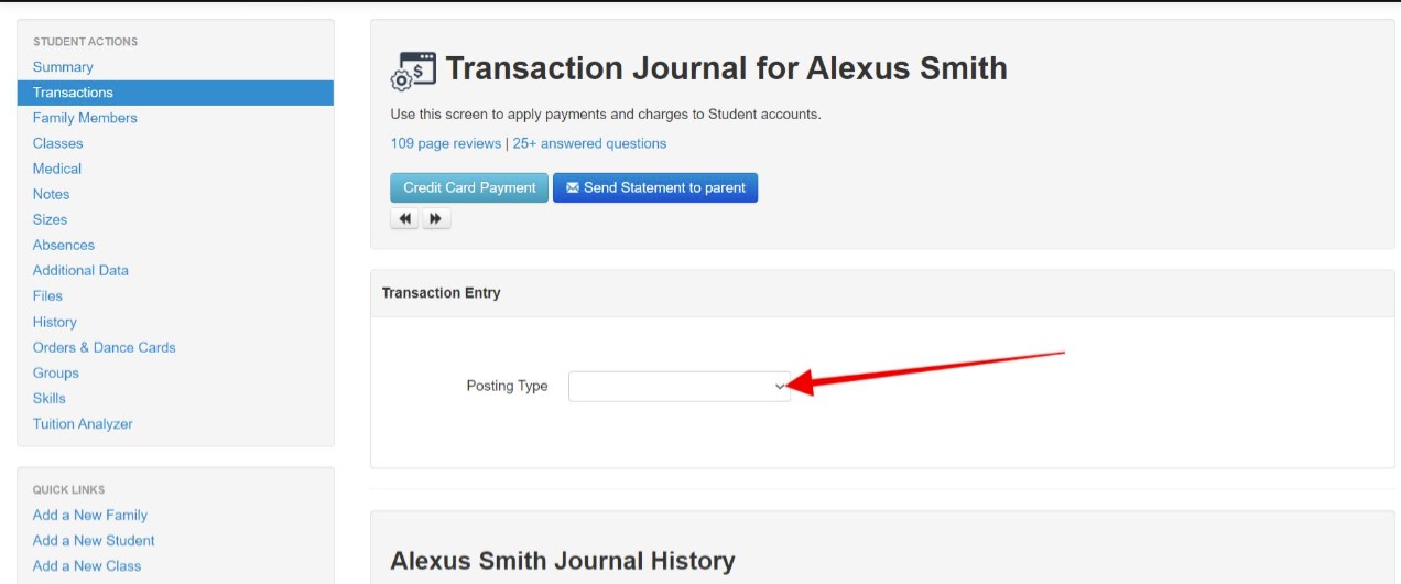 Transaction journal interface screenshot.