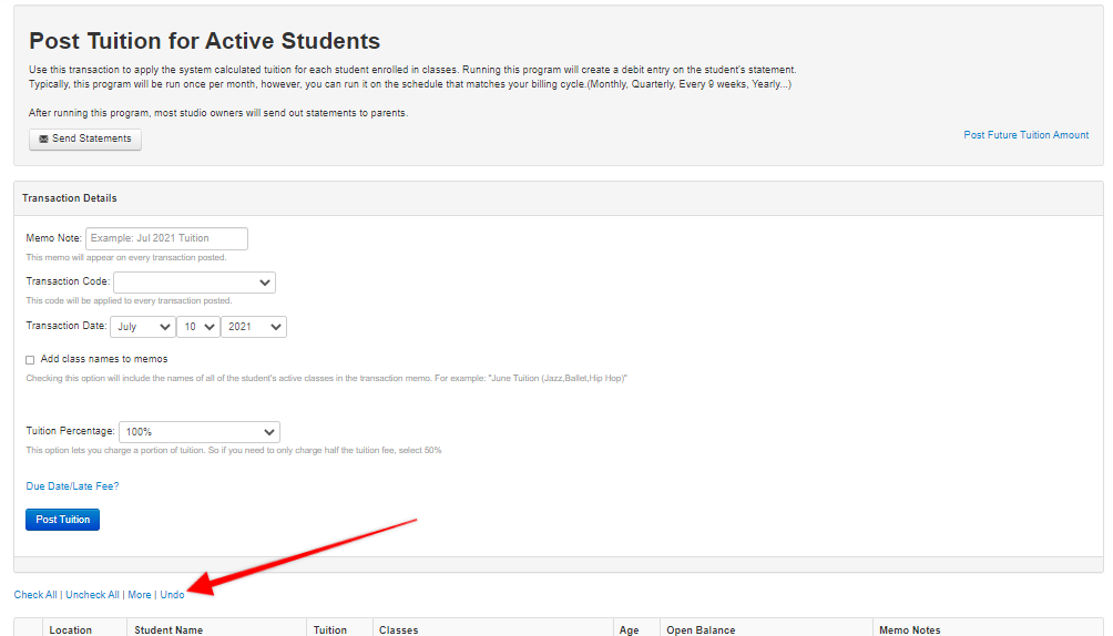 Post Tuition Page with Undo Button.