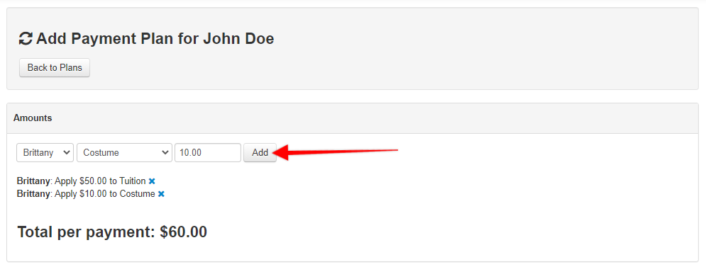 Payment plan settings page.