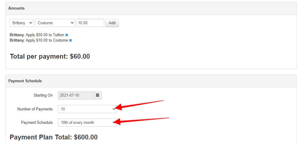 Payment Schedule configuration options.