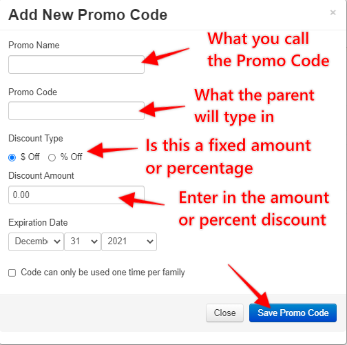 Add New Promo Code form with input fields.
