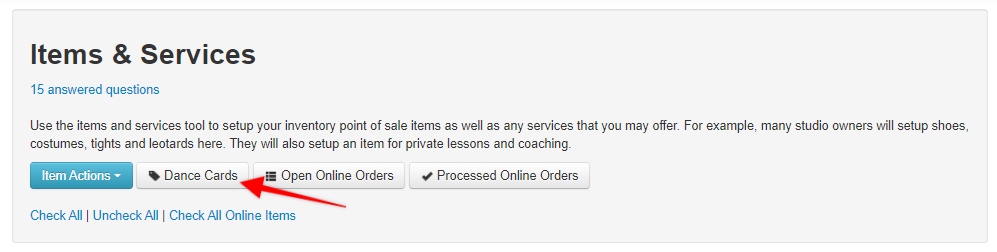 Items and Services Section with Dance Card Button.
