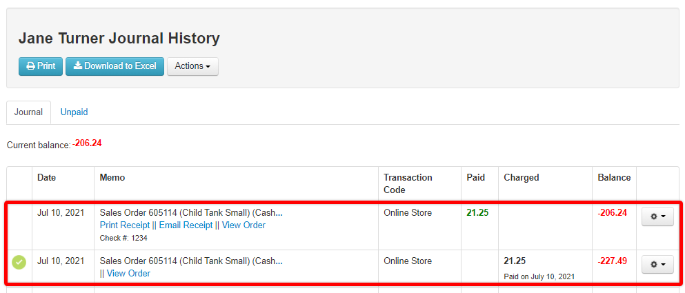 Screenshot of Student Journal History page. Red box around Transactions section.