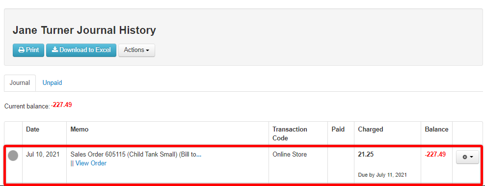 Screenshot of Student Journal History page. Red box around Transactions section.