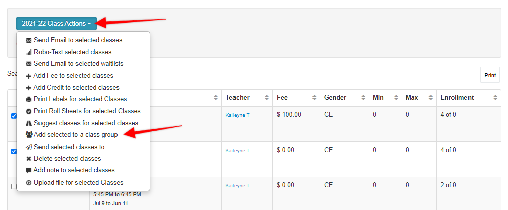 Class Actions Dropdown Menu