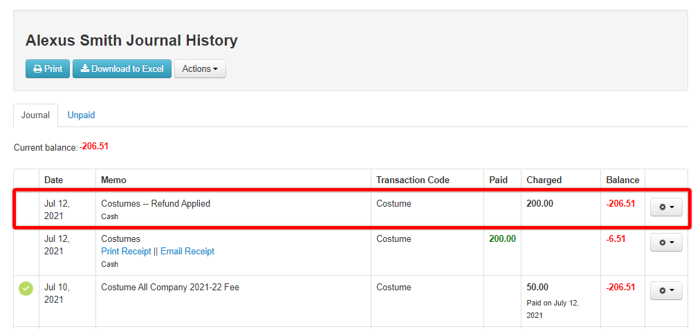 Journal history with transactions listed.
