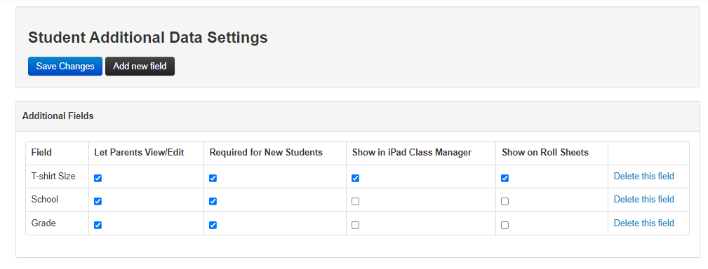 Student Additional Data Settings page.
