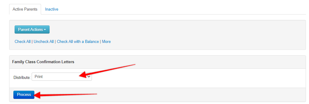 Family Class Confirmation Letters Page with Process Button.