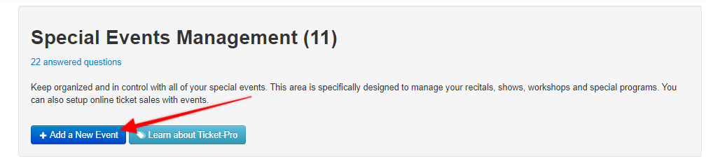 Special Events Management Section with Add Event Button