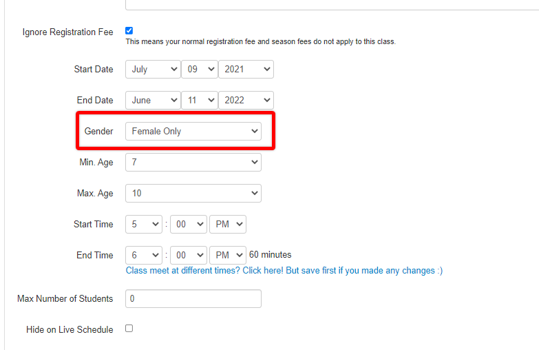 Screenshot of the Classes page. Red box around the Gender dropdown menu.