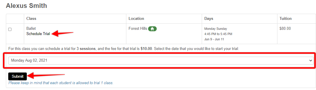 Schedule trials page.