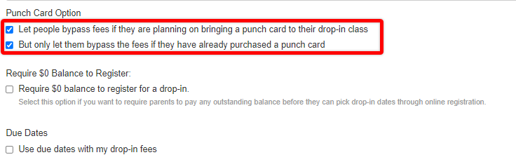 Punch card options with checkboxes selected.