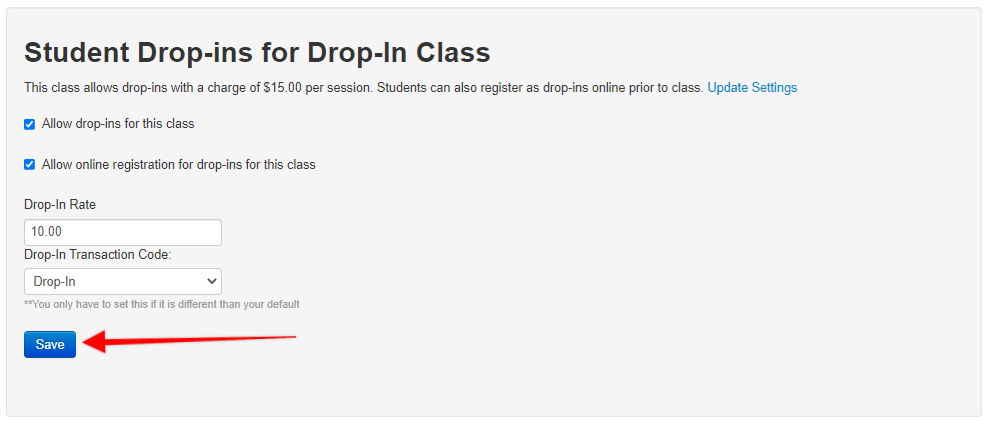 Student drop-in class settings page.