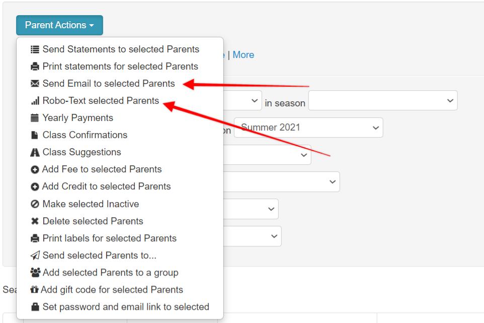 Parent Actions menu with email and text options.