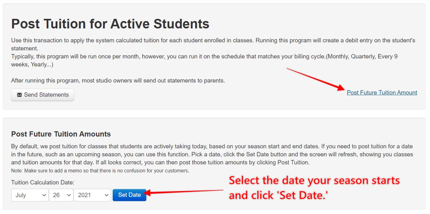 Tuition posting instructions interface.