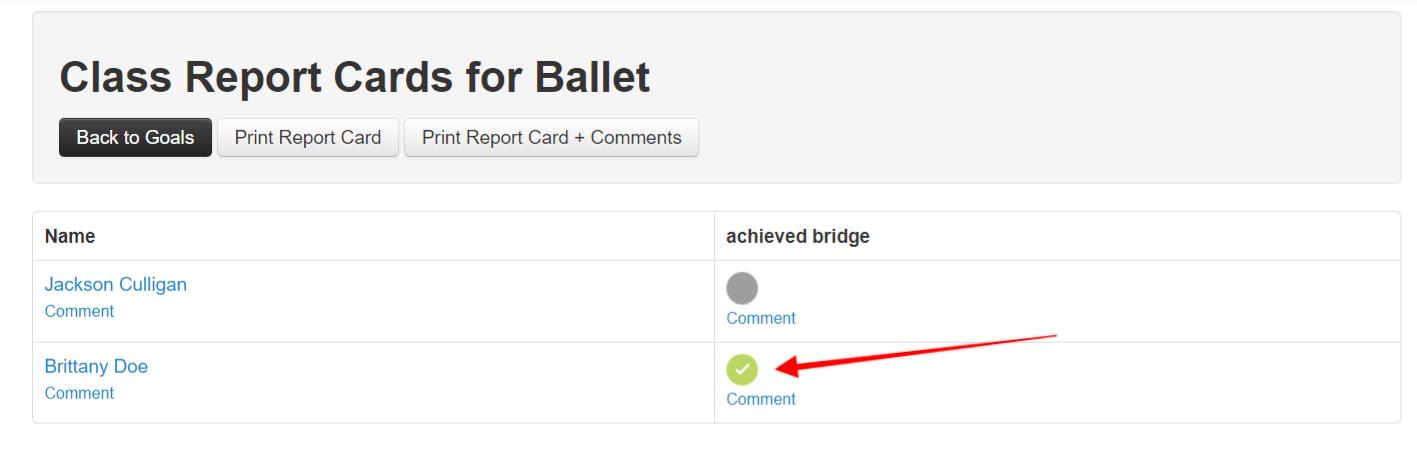 Class report cards for ballet table.