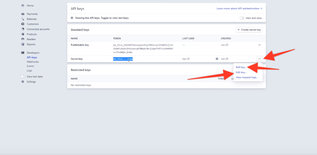 API keys management interface with options.