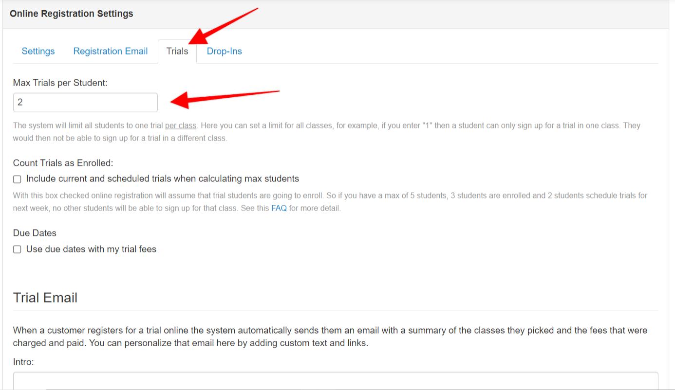 Online registration settings page.