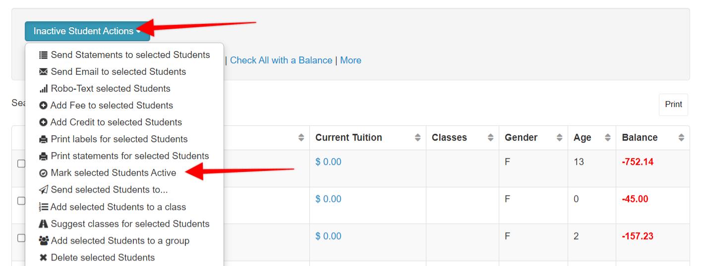 Inactive Student Actions menu dropdown