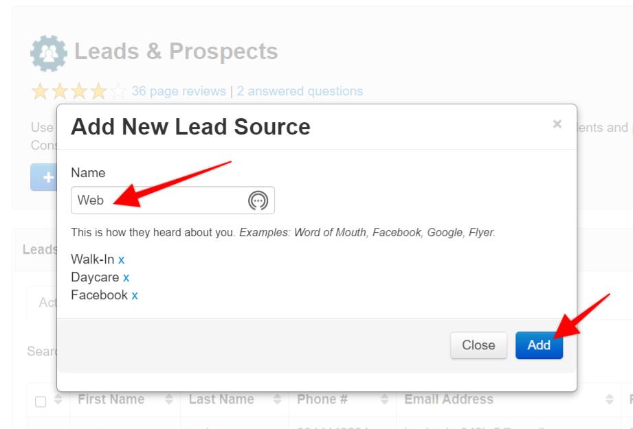 Add New Lead Source" dialog box.