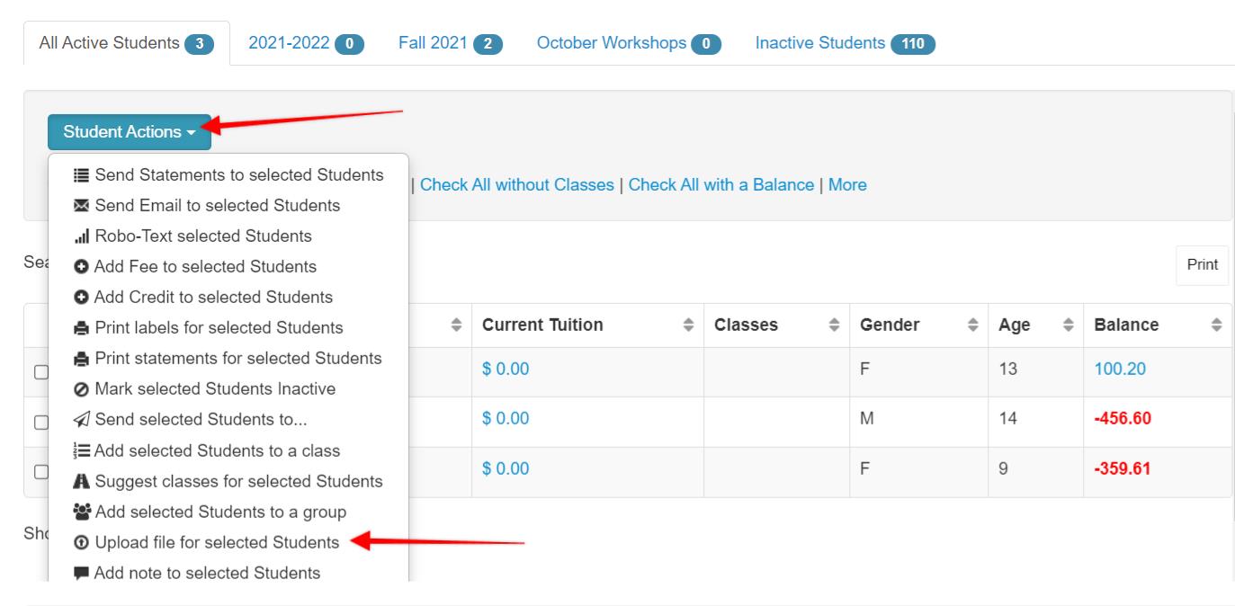 Student actions dropdown menu and table.