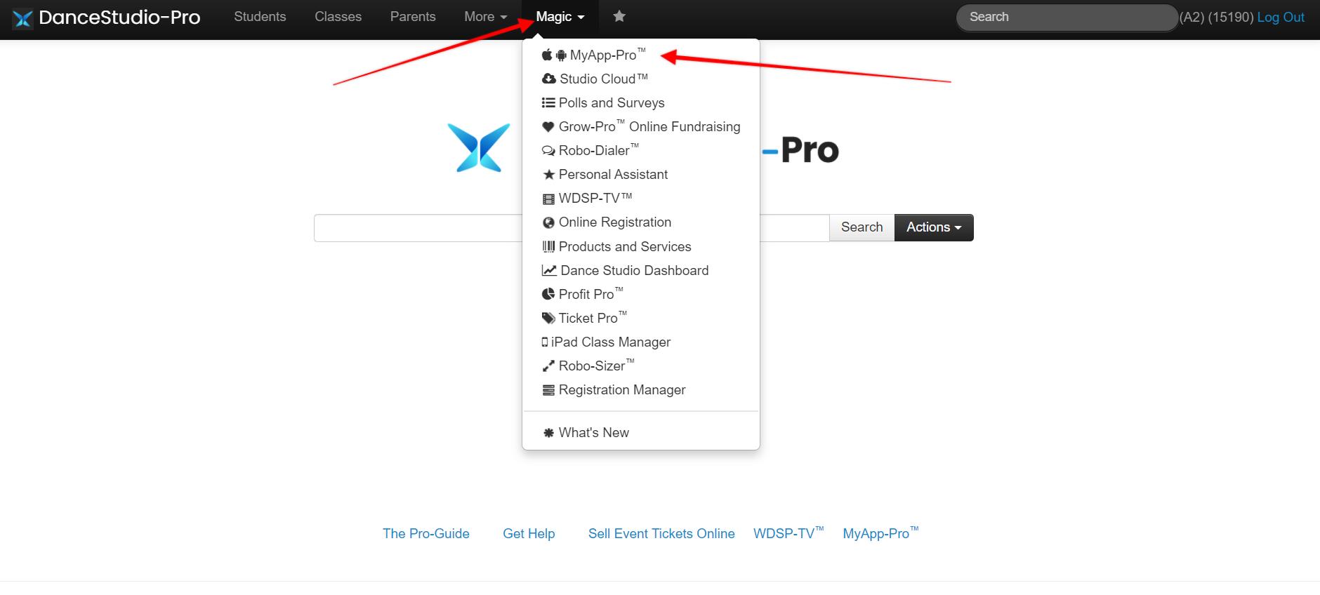 Dropdown menu on DanceStudio-Pro website