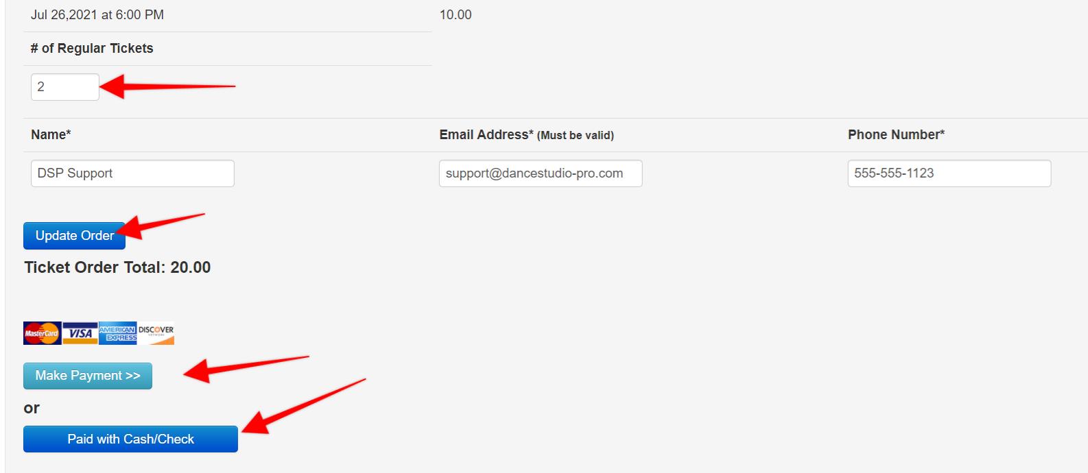 Ticket purchase form with payment options.