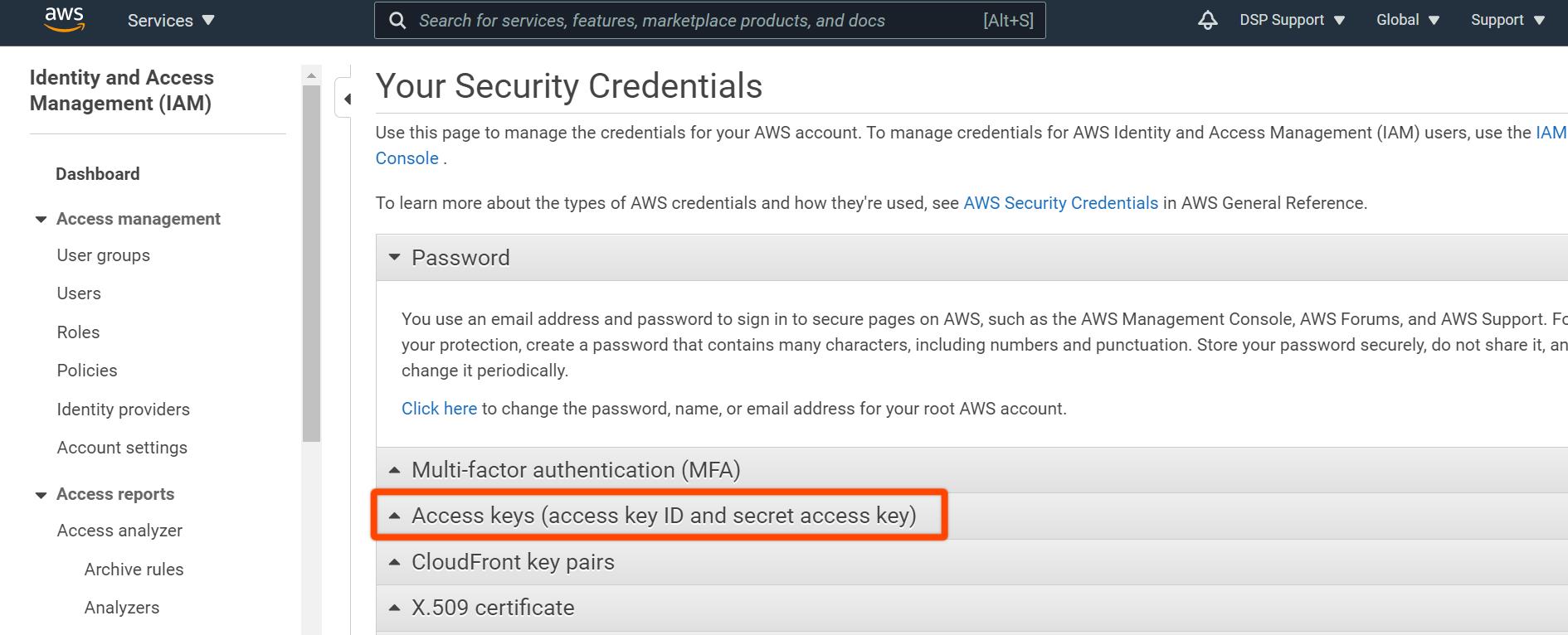 Access keys section in AWS IAM dashboard