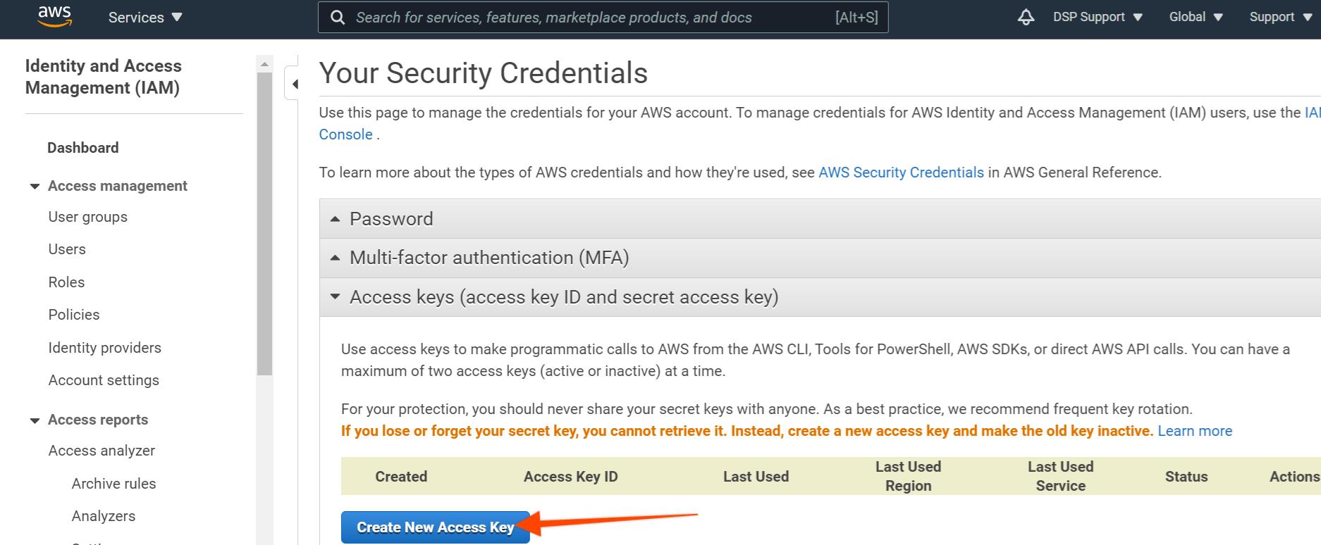 Create New Access Key" button in AWS IAM.