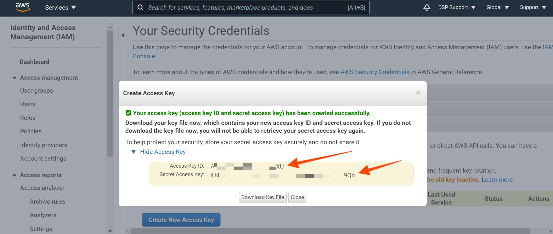 Create Access Key confirmation on AWS IAM page.