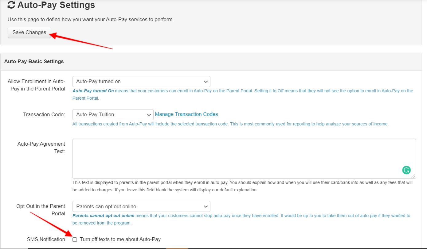 Auto-Pay settings page with save button.