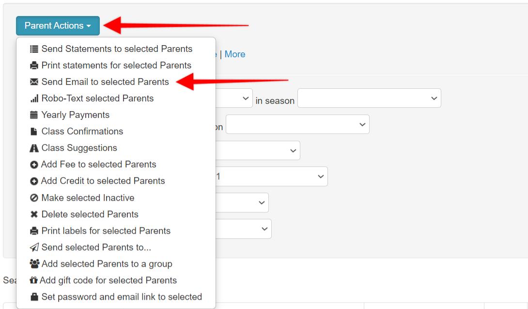 Parent Actions menu with email option highlighted.