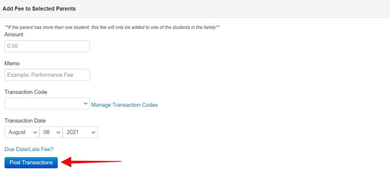 Add fee form with 'Post Transactions' button.