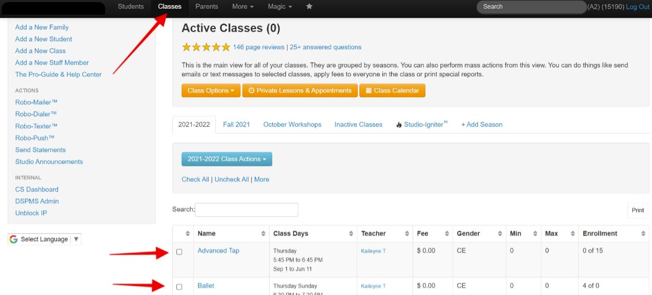 Class management dashboard interface