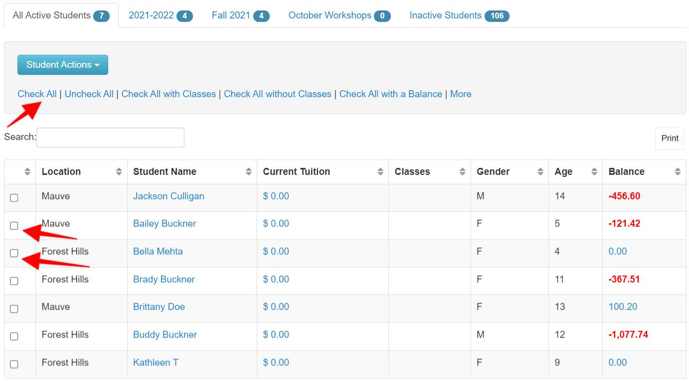 Student list with balances and actions.