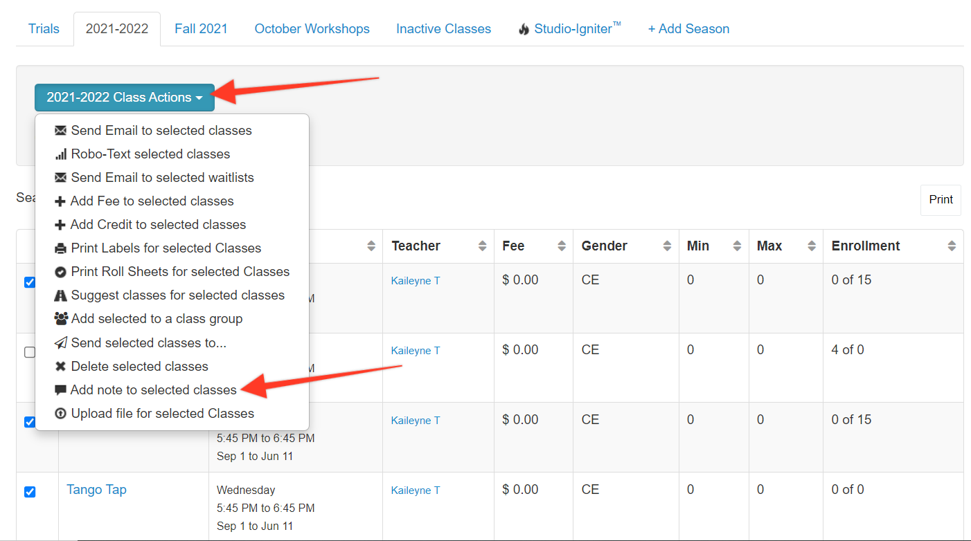 Class actions dropdown menu and table view.