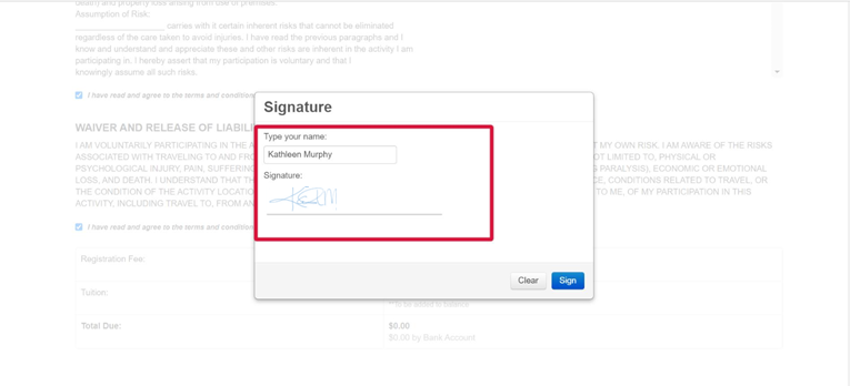 Screenshot of a a parent’s e-signature on a digital waiver.