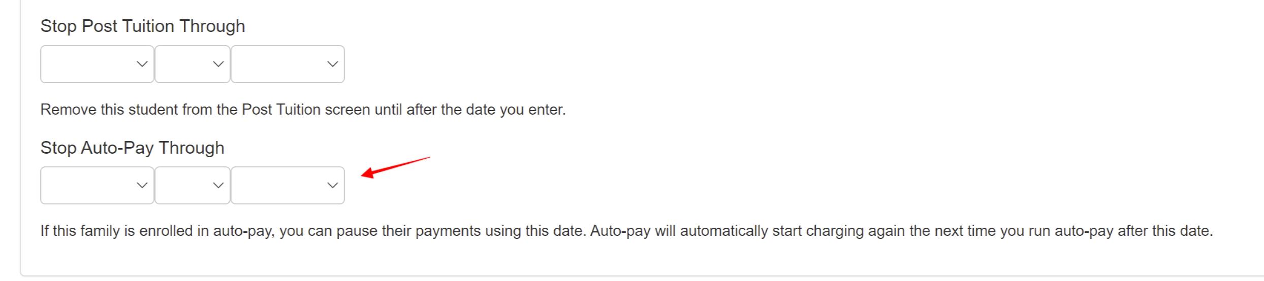 Auto-pay and tuition stop date options.