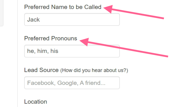 Form fields for name and pronouns.