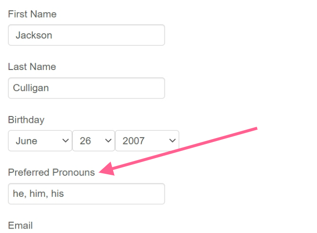 Form with preferred pronouns highlighted.